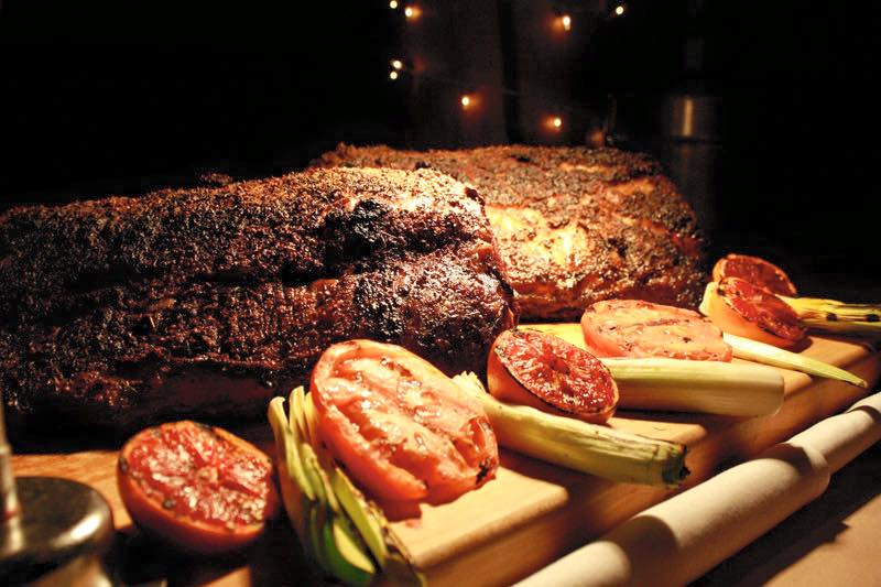 Steak and veggies on a cutting board