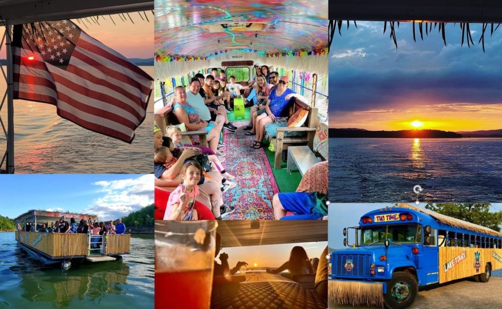 American Flag, Tiki Bus, Sunset, Tiki Boat Sunset Tour, Smiling Party